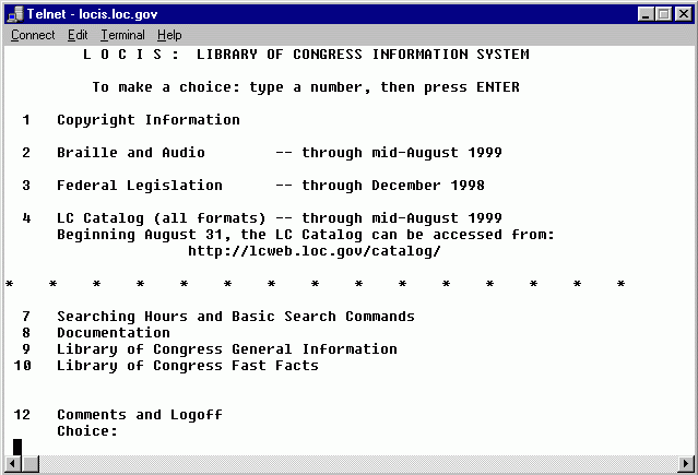 telnet alla biblioteca del congresso usa