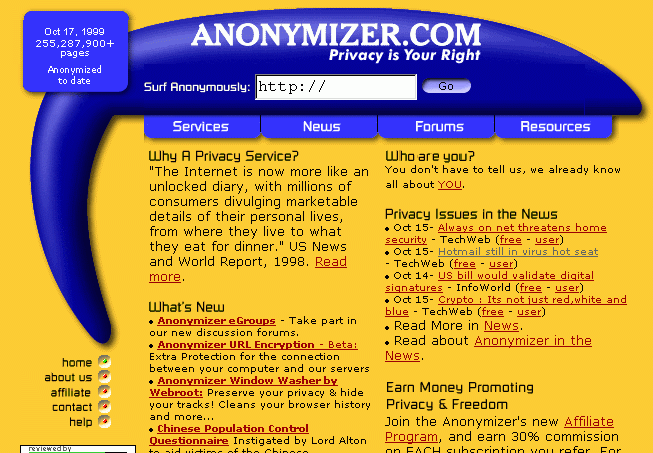 home page di anonymizer.com